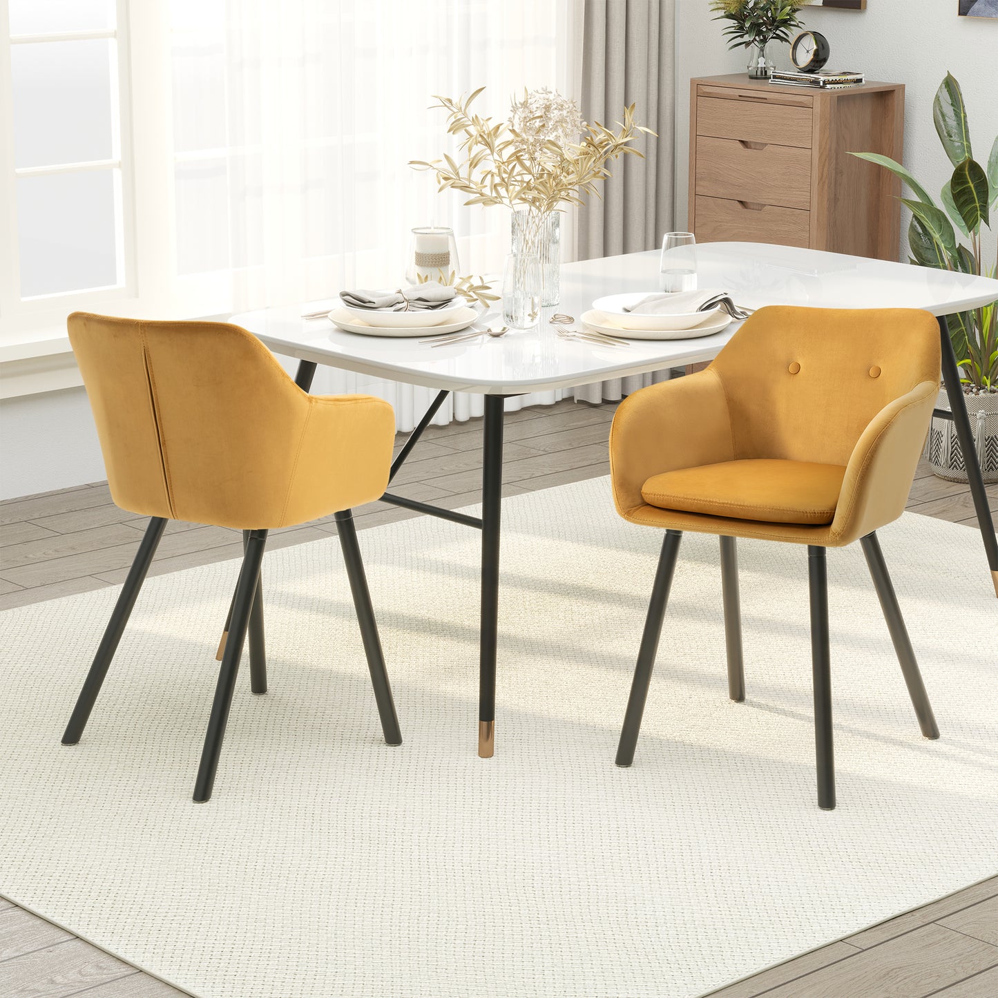 Upholstered Velvet Fabric Bucket Seat Dining Armchair Set of 2 Yellow