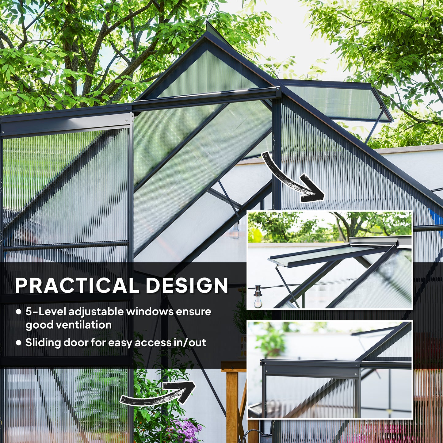 Polycarbonate Walk-in Garden Greenhouse w/ Sliding Door Grey