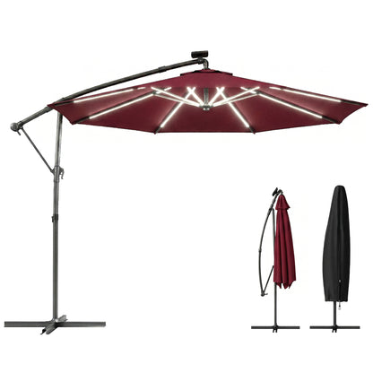 3 m Garden Cantilever Parasol with Solar Light, Rotation, Wine Red