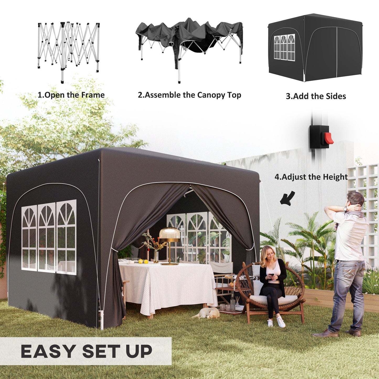 3 x 3(m) UPF50+ Pop Up Gazebo with Sides and Carry Bag, Black