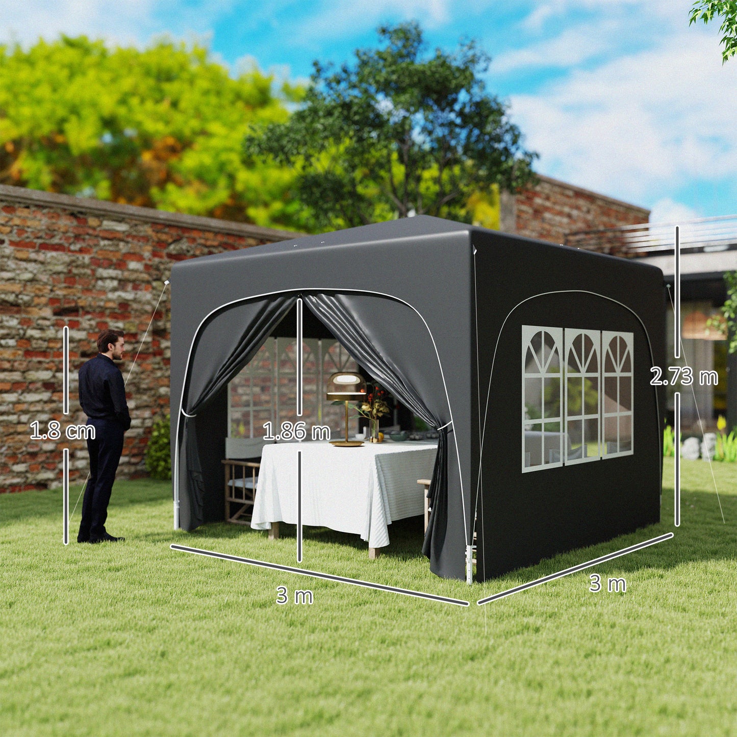 3 x 3(m) UPF50+ Pop Up Gazebo with Sides and Carry Bag, Black