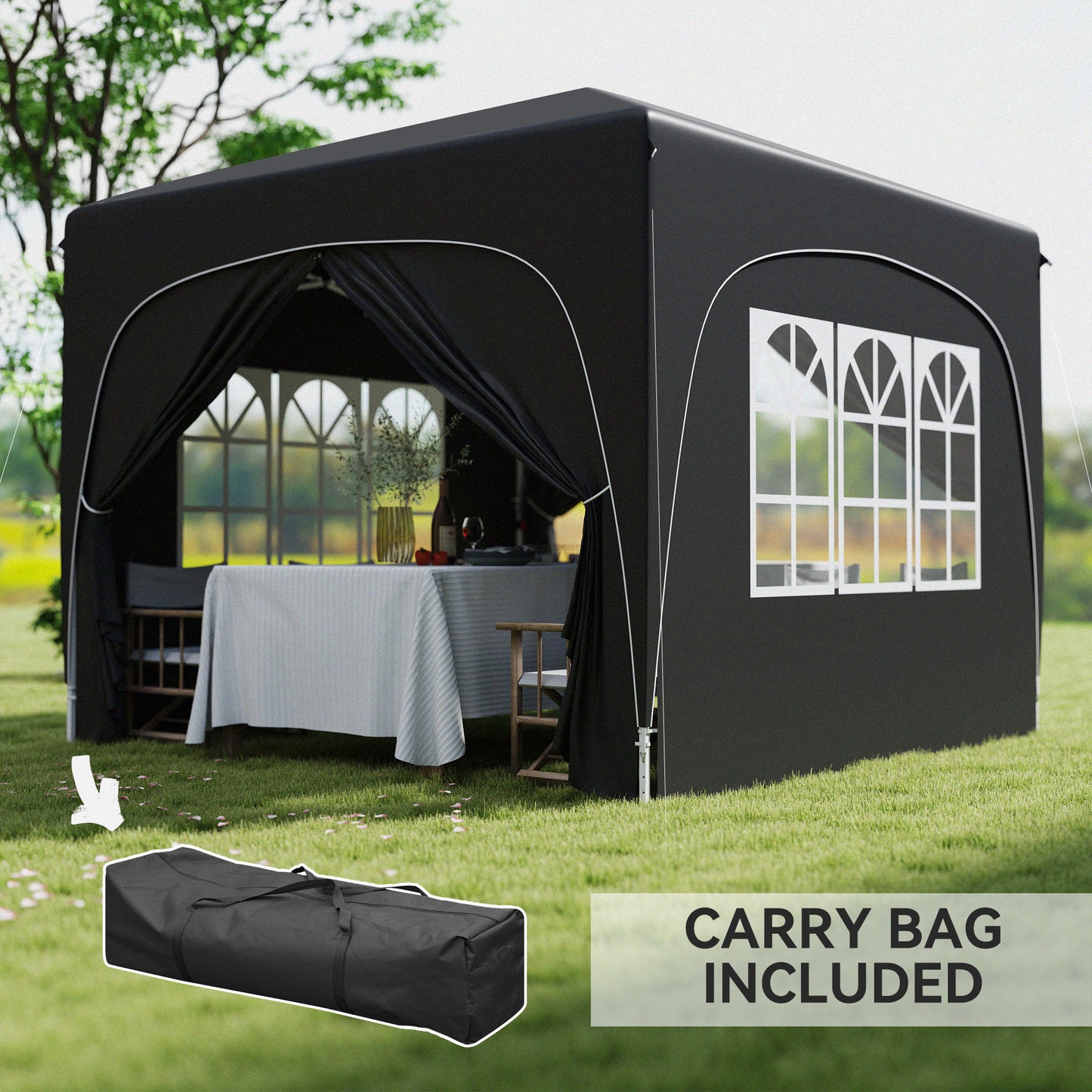3 x 3(m) UPF50+ Pop Up Gazebo with Sides and Carry Bag, Black