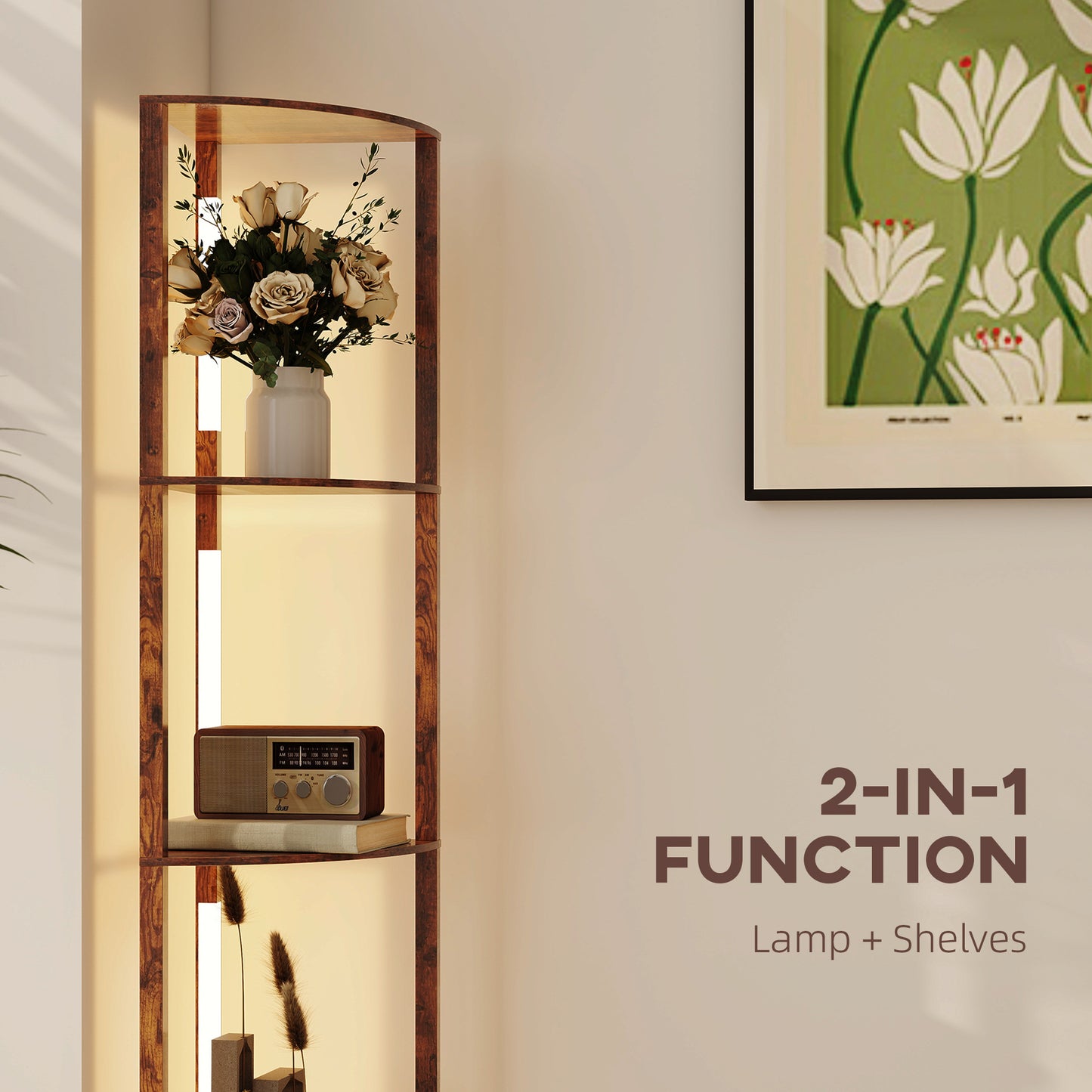 Corner Floor Lamp with Dimmable Warm White LED Light, Rustic Brown