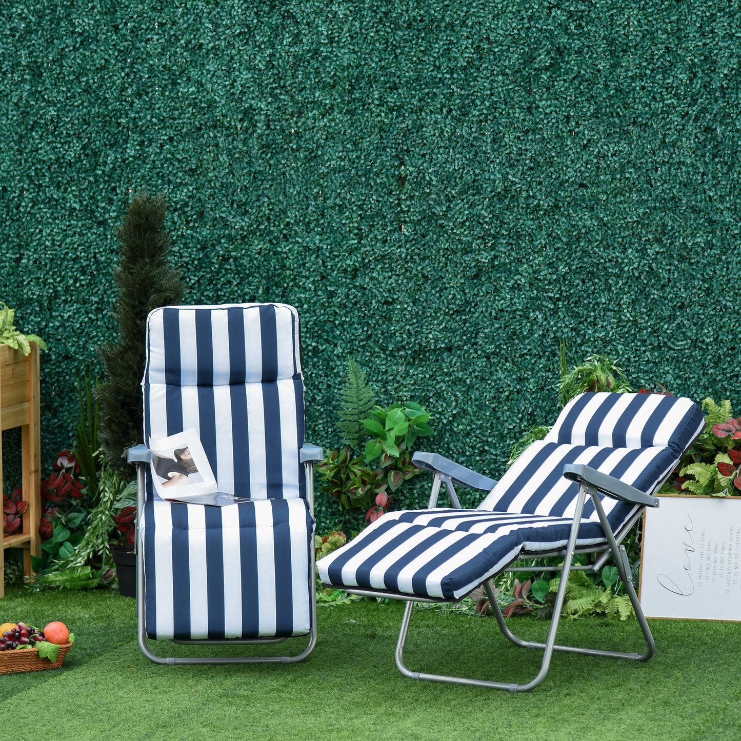 Set of 2 Garden Patio Outdoor Sun Reclining Loungers Folding Foldable Multi Position Relaxers Chairs with Cushions Fire Retardant Sponge