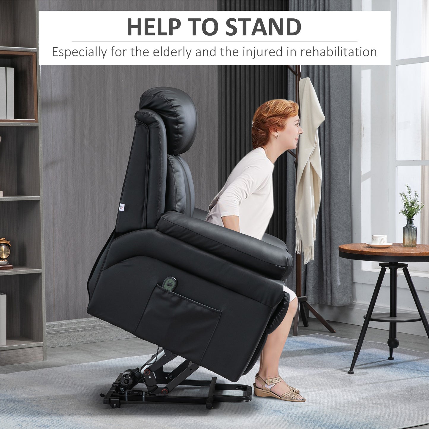 PU Leather Electric Recliner Mobility Lift&Rise Overstuffed Design Black