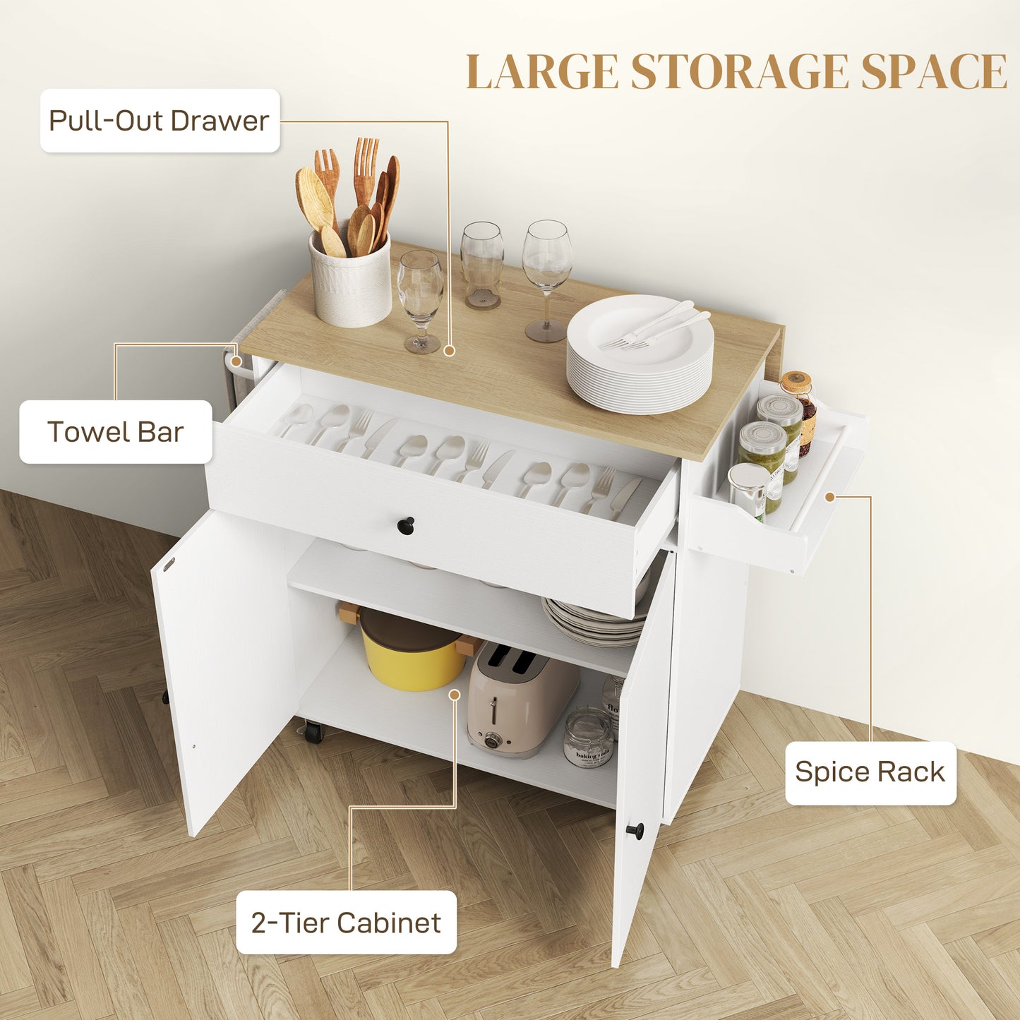 Kitchen Island with Drop Leaf, Rolling Kitchen Storage Trolley, White