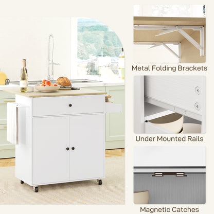 Kitchen Island with Drop Leaf, Rolling Kitchen Storage Trolley, White