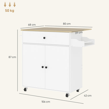 Kitchen Island with Drop Leaf, Rolling Kitchen Storage Trolley, White