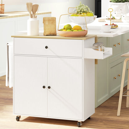 Kitchen Island with Drop Leaf, Rolling Kitchen Storage Trolley, White