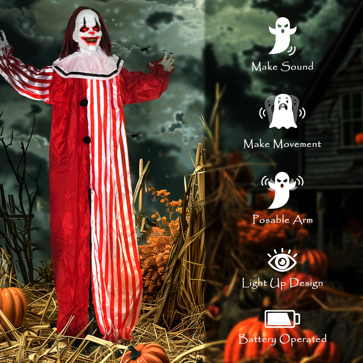 Sound Activated Halloween Animatronics Clown with Red Light Up Eyes