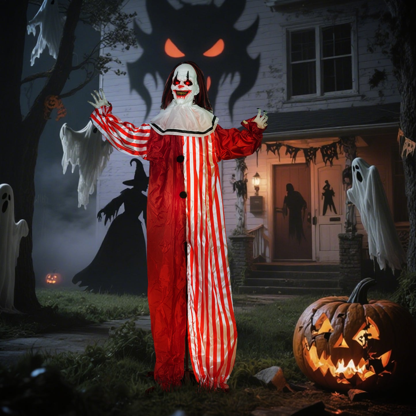 Sound Activated Halloween Animatronics Clown with Red Light Up Eyes