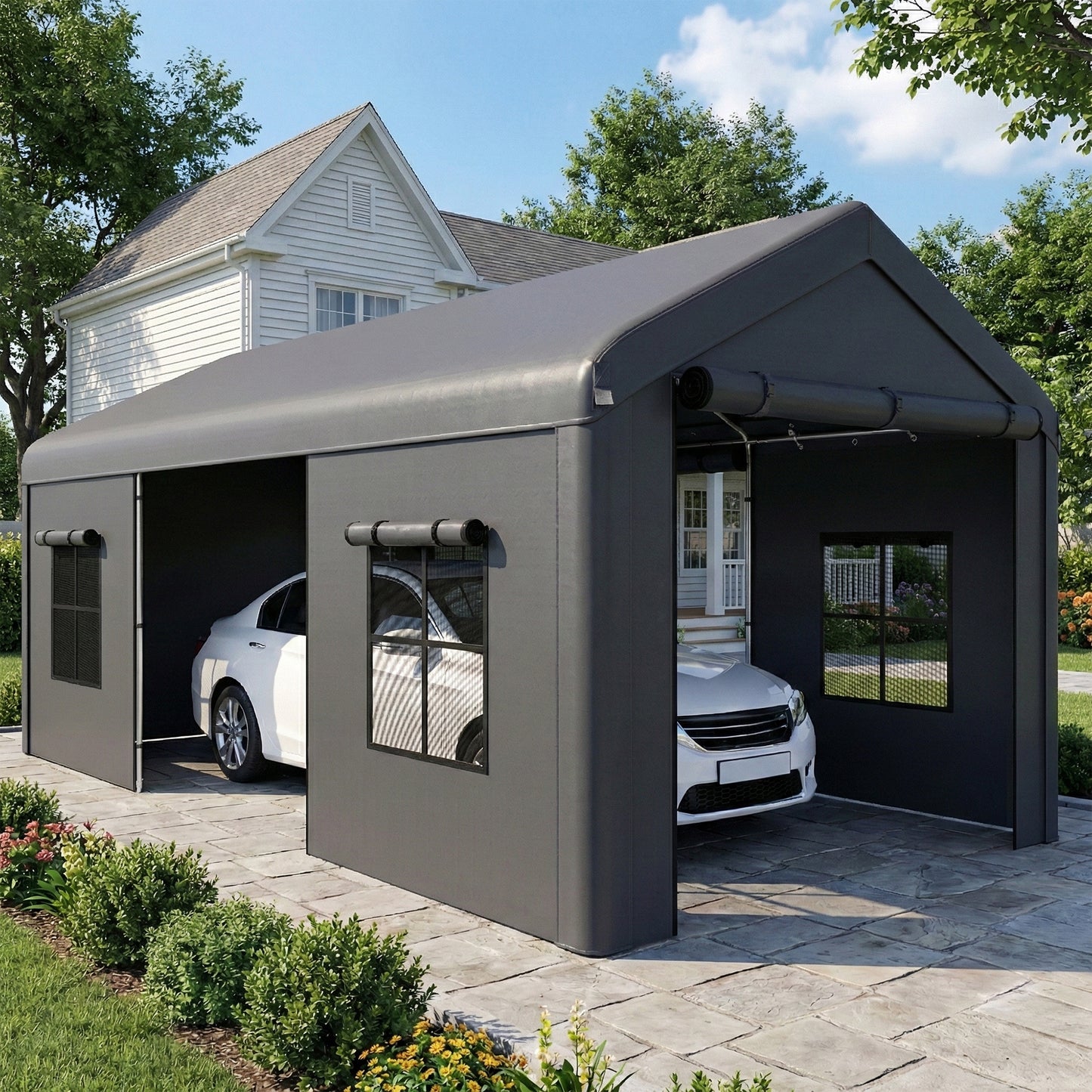 3 x 6 m Heavy Duty Carport, Portable Garage with 3 Doors, Dark Grey