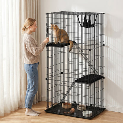 3-Tier Large Cat Cage Indoor, Detachable Metal Wire Kennel with Hammock, Platforms, Bottom Tray and Cushions, Large Exercise Place with Ladders and 3 Front Doors for 1-2 Kittens, Black