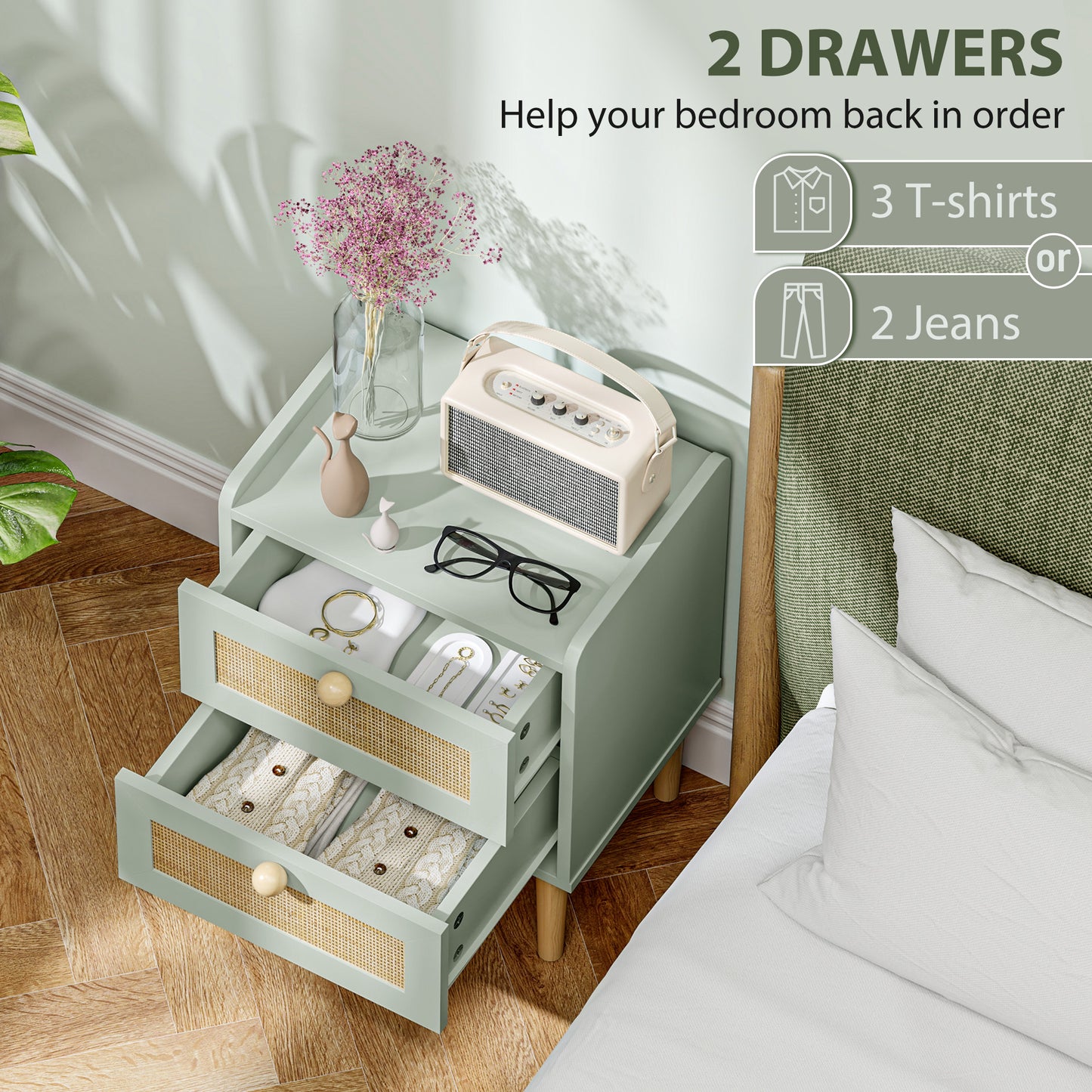 Boho Rattan Bedroom Chest of Drawers, 2 Drawer Dresser, Light Blue