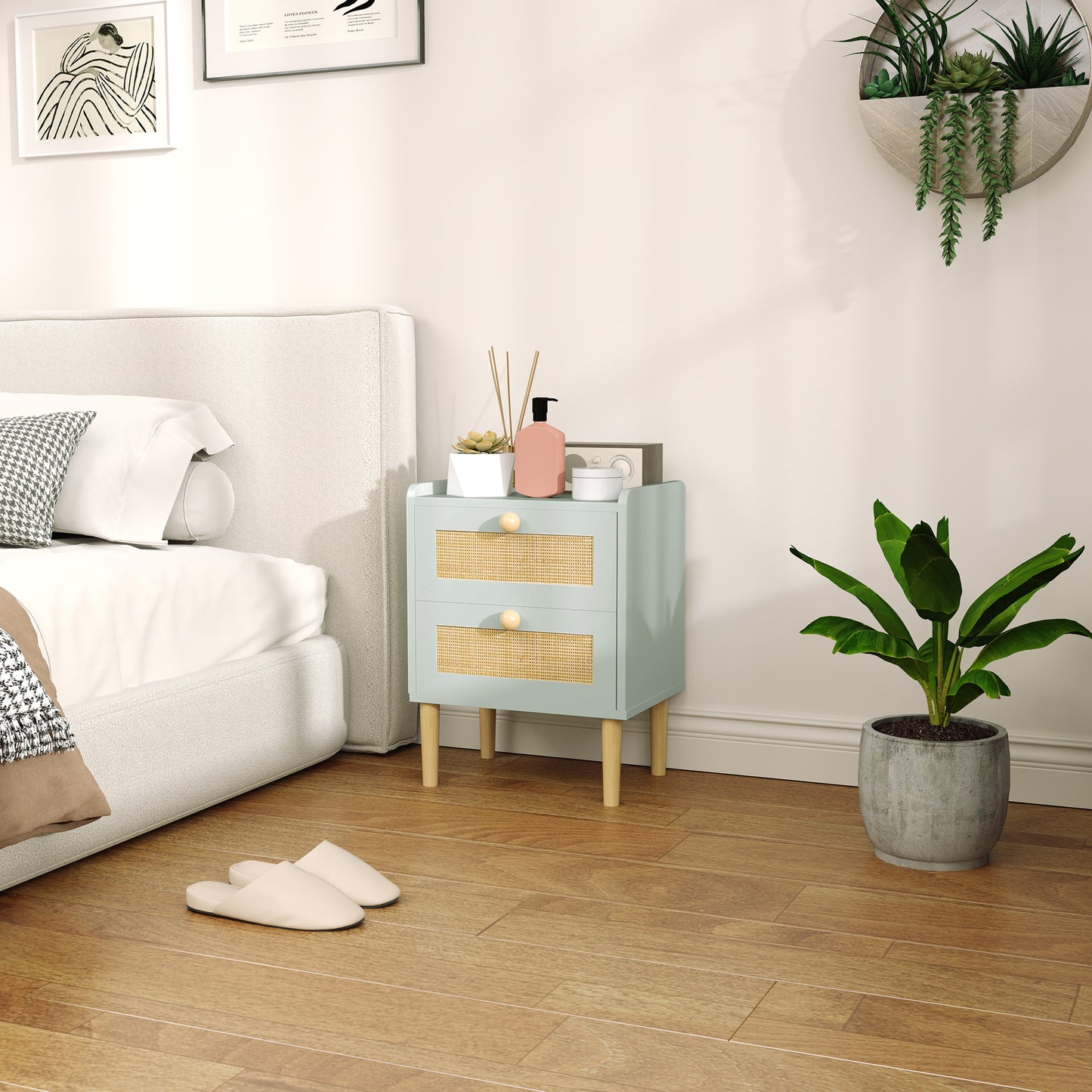 Boho Rattan Bedroom Chest of Drawers, 2 Drawer Dresser, Light Blue