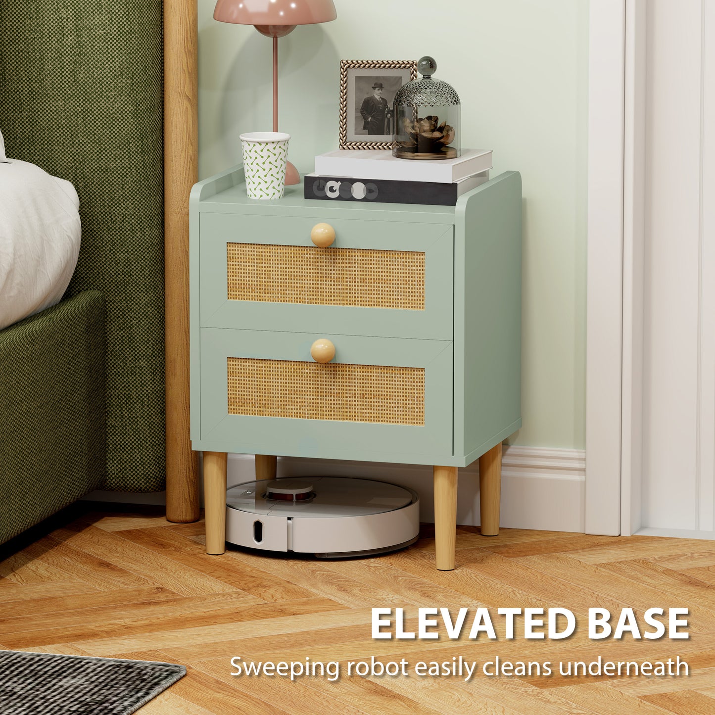 Boho Rattan Bedroom Chest of Drawers, 2 Drawer Dresser, Light Blue