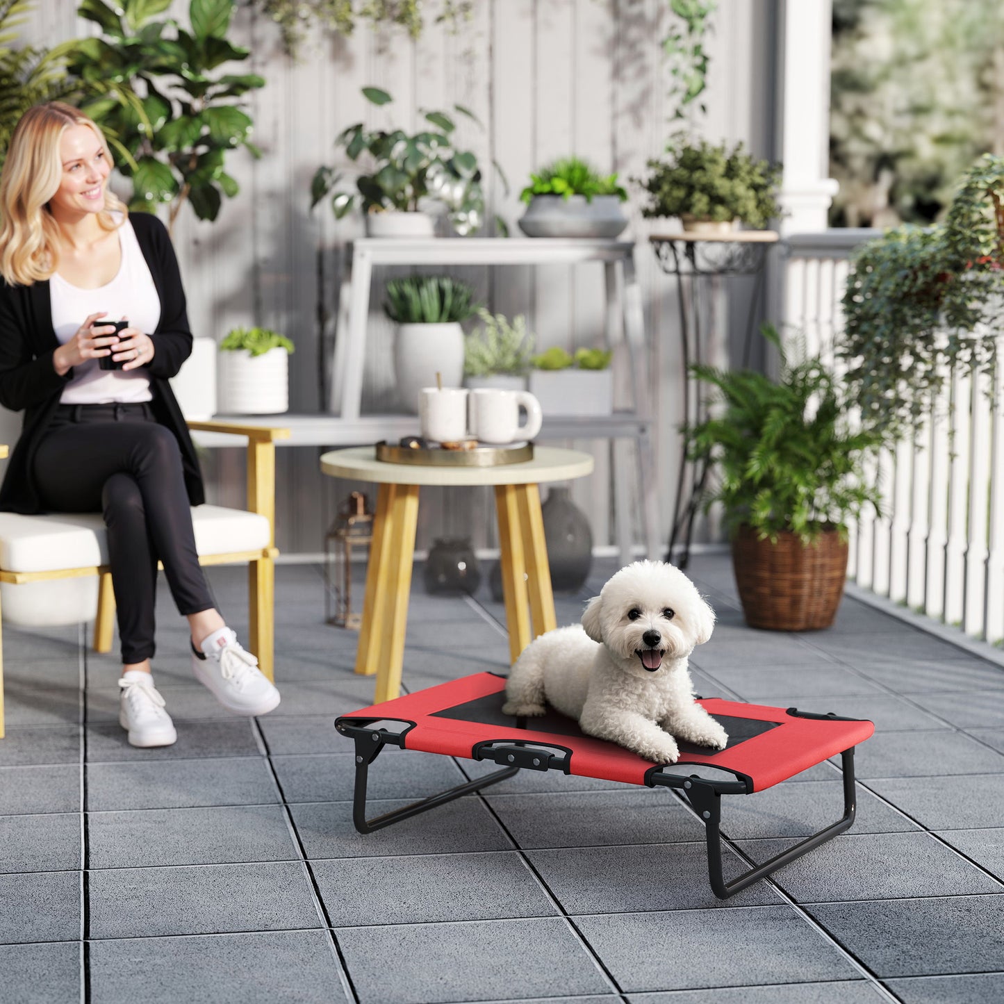 Raised Dog Bed with Breathable Mesh for S & M Dogs, Red