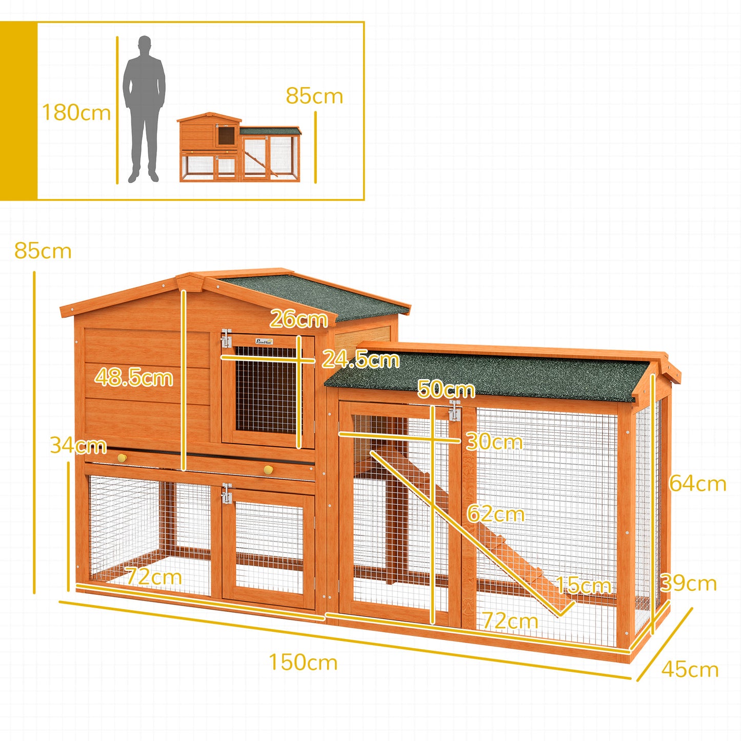Wooden Rabbit Hutch with Run, Ramp, Slide-Out Tray