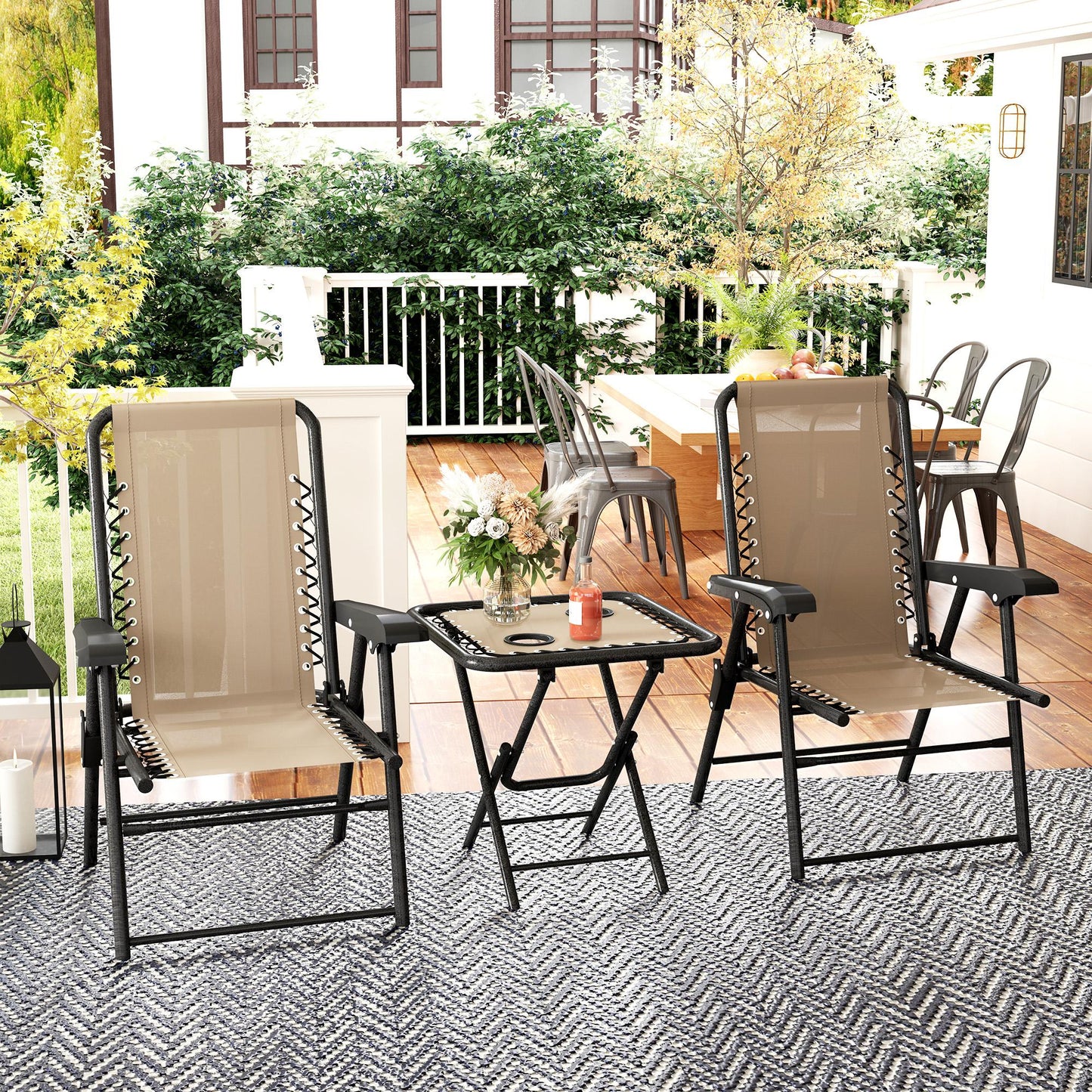 3 Pieces Folding Garden Bistro Set with Cup Holders, Khaki
