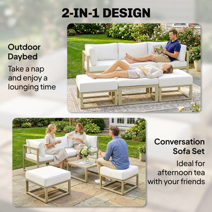 6 PC Garden Daybed, Sectional Sofa Set with Coffee Table, Footstool