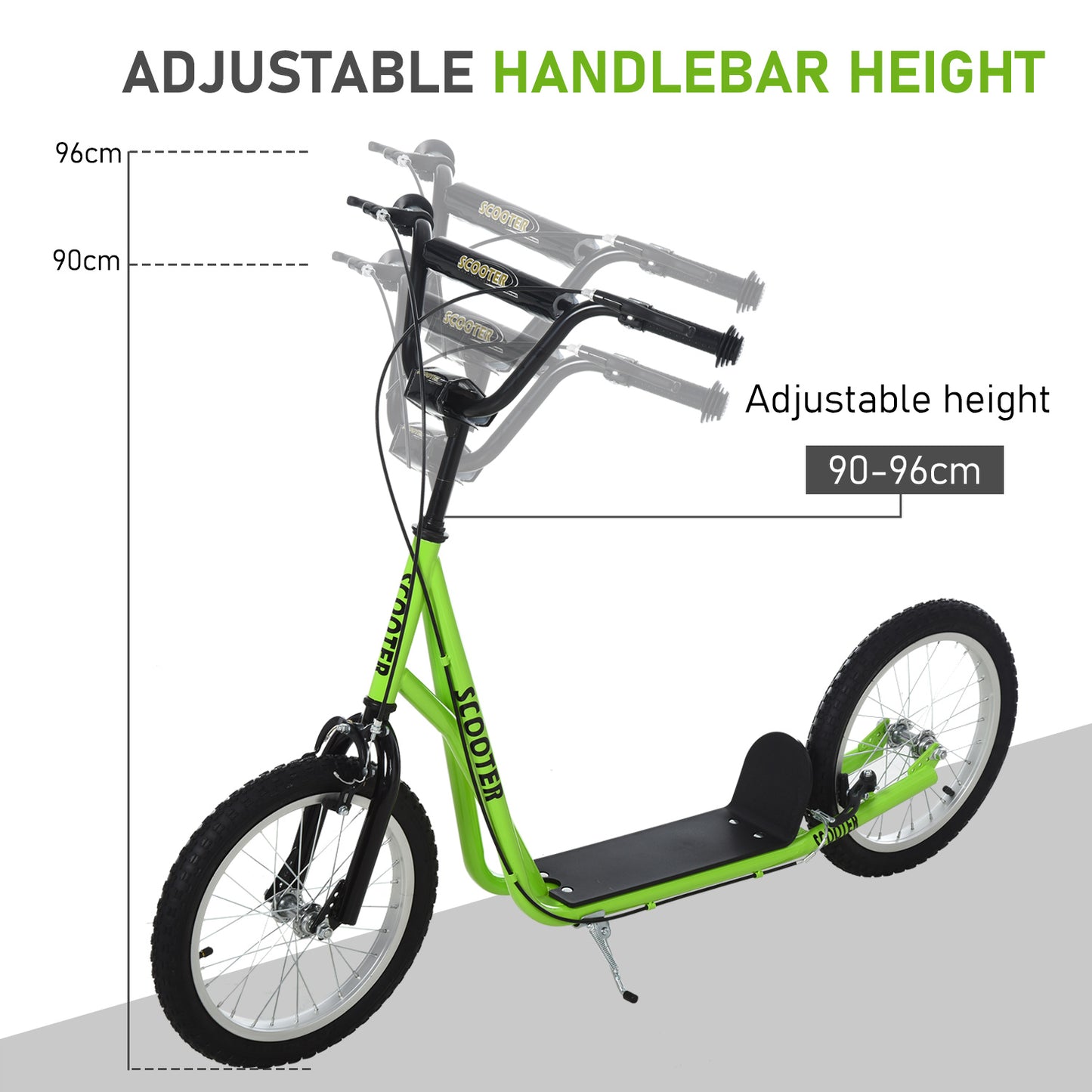 90-96cm Kids Kick Scooter w/ Adjustable Handlebar Inflatable Wheels Green