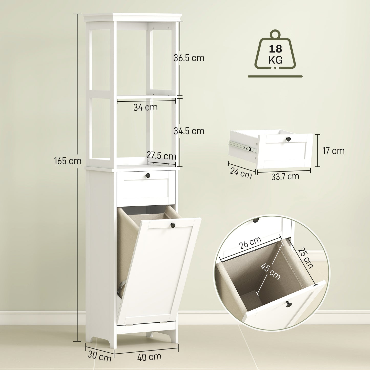 Slim Bathroom Storage Unit with Tilt-Out Laundry Cabinet Drawer White