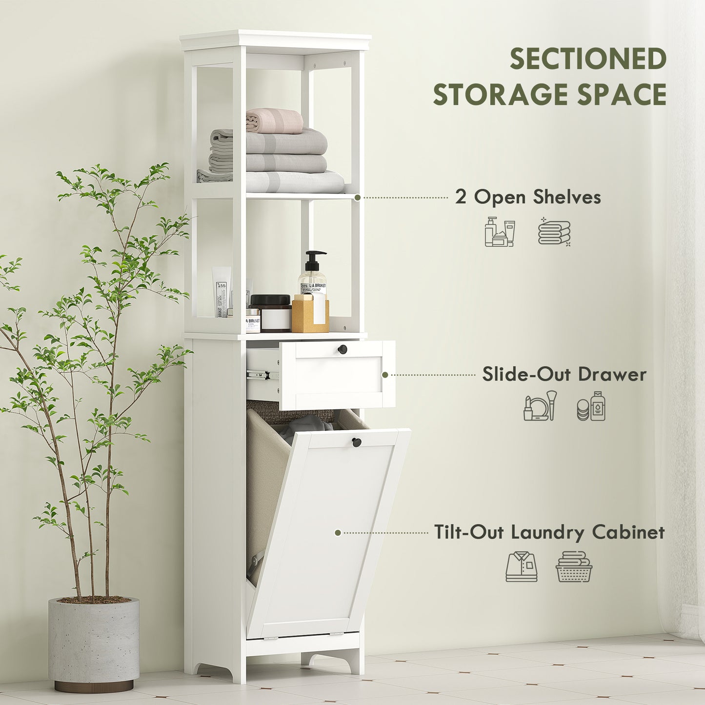 Slim Bathroom Storage Unit with Tilt-Out Laundry Cabinet Drawer White