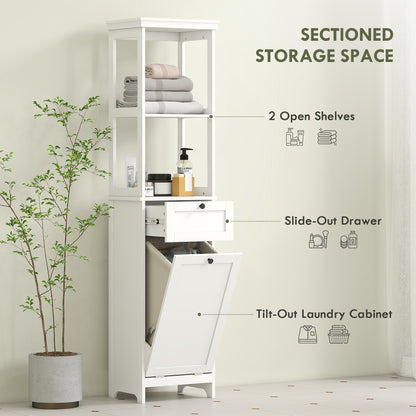 Slim Bathroom Storage Unit with Tilt-Out Laundry Cabinet Drawer White