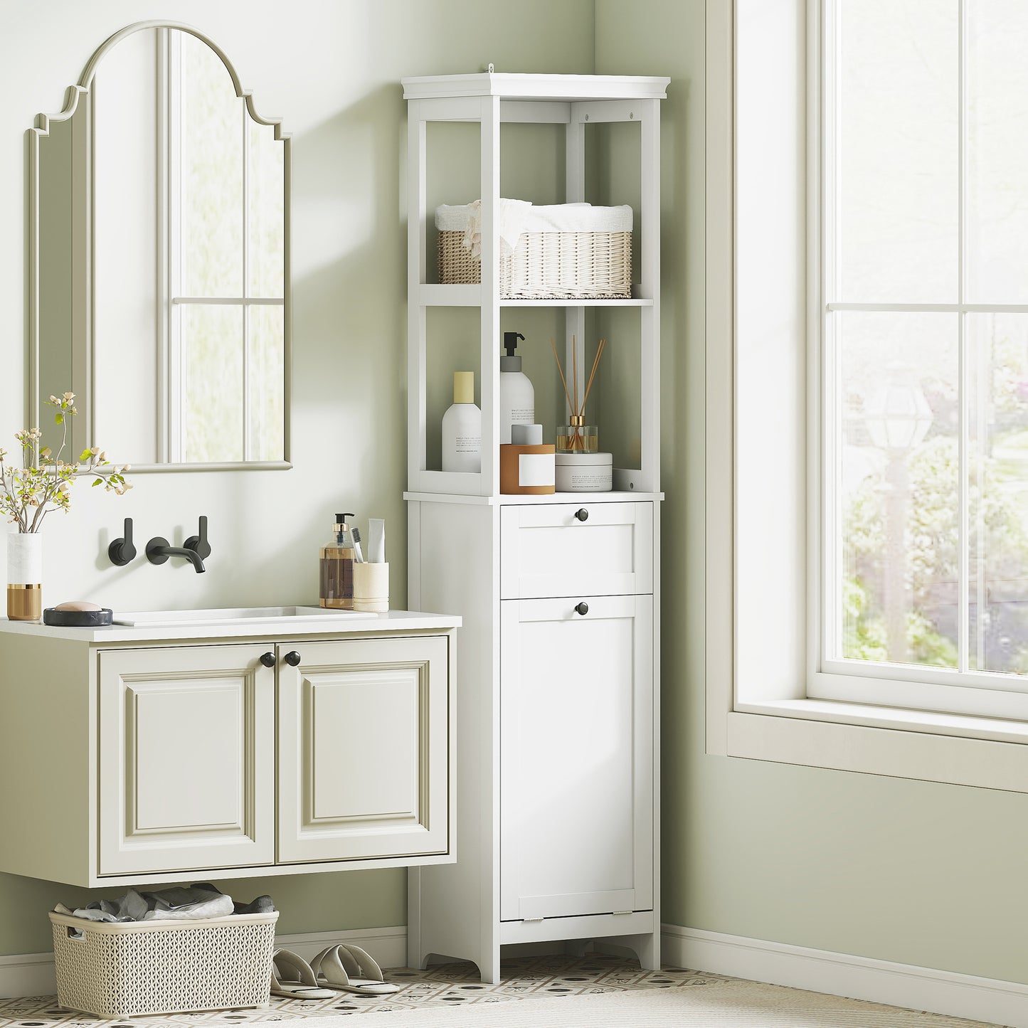 Slim Bathroom Storage Unit with Tilt-Out Laundry Cabinet Drawer White