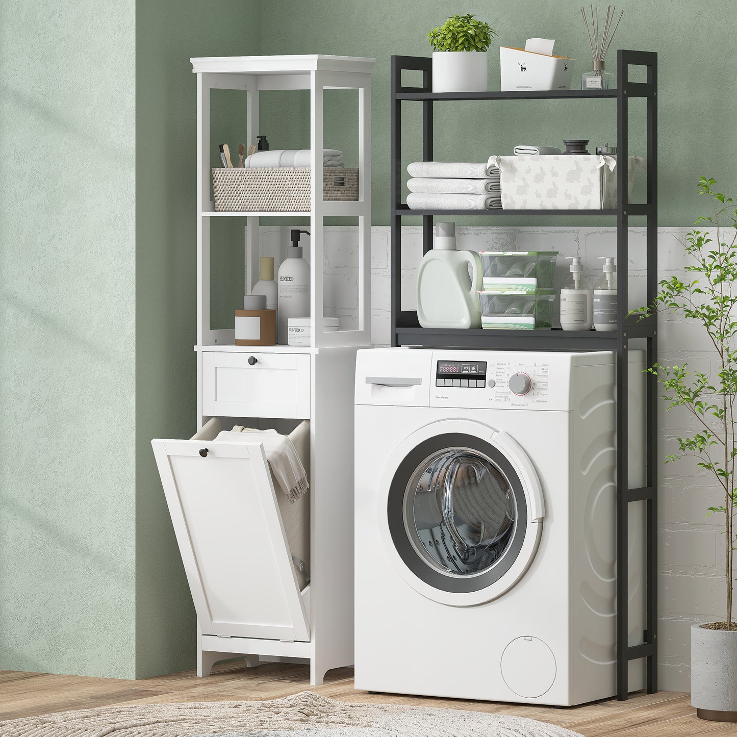 Slim Bathroom Storage Unit with Tilt-Out Laundry Cabinet Drawer White