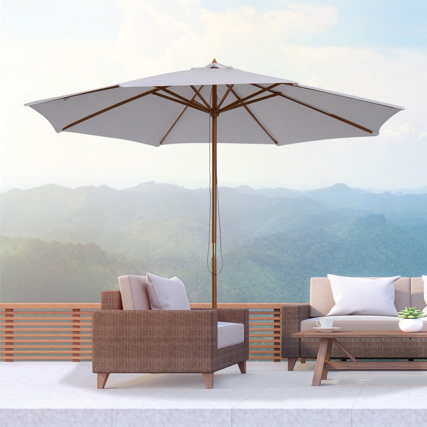 3(m) Wooden Garden Parasol Sun Shade Outdoor Umbrella Canopy White
