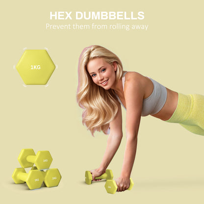 Set of 2 Hexagonal Dumbbells Weights Pair, 2 x 1kg, Yellow