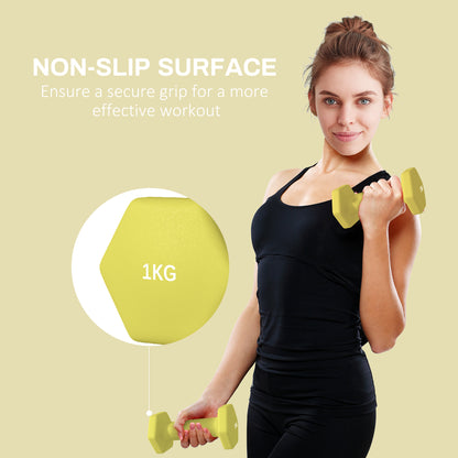 Set of 2 Hexagonal Dumbbells Weights Pair, 2 x 1kg, Yellow