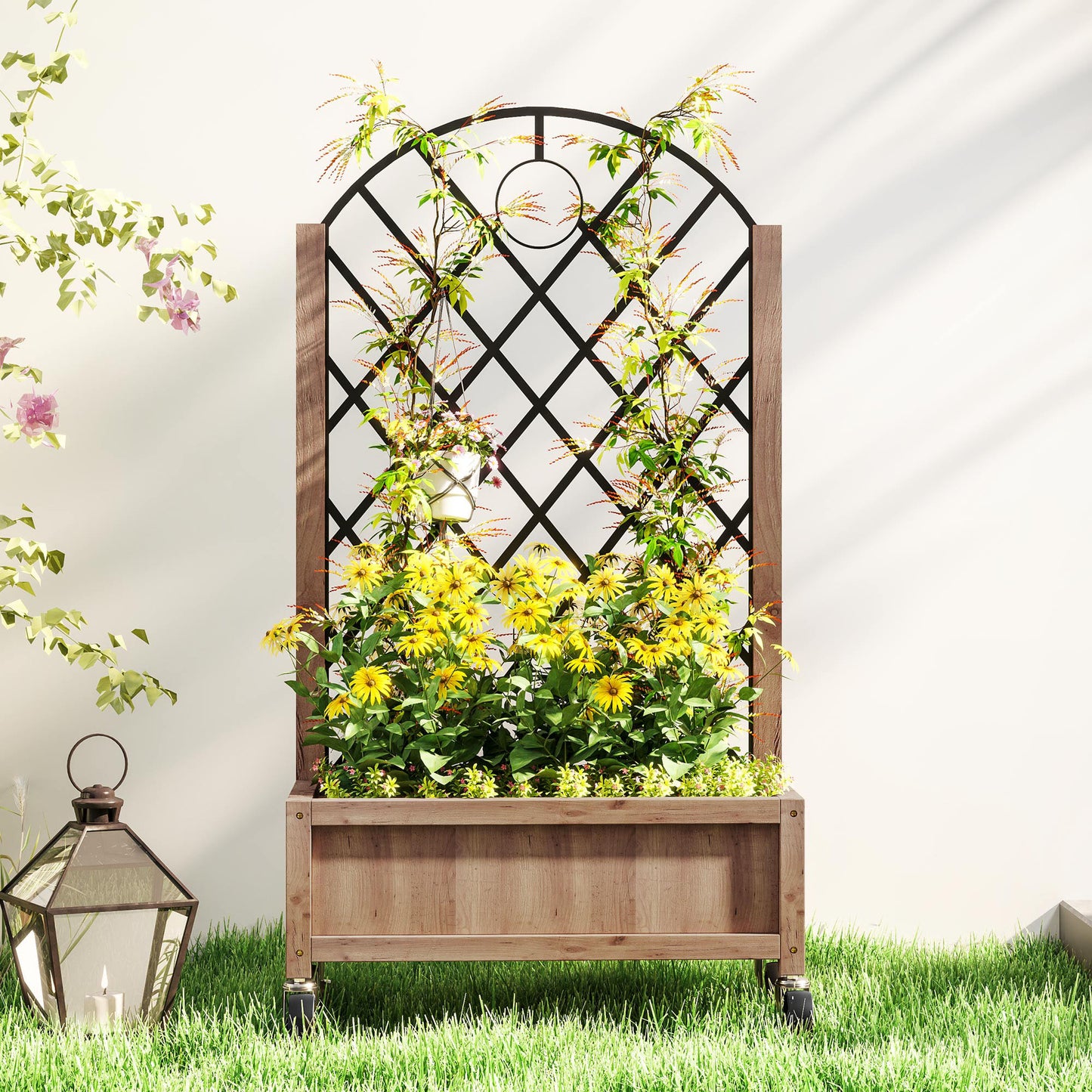 Wooden Raised Bed, Outdoor Planter Box w/ Metal Trellis