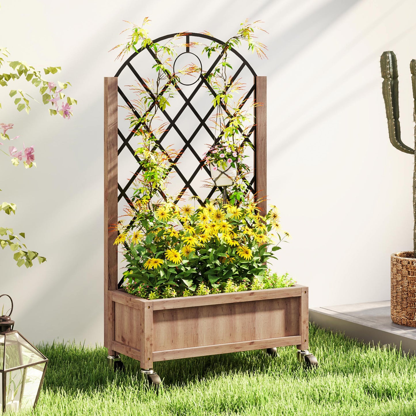 Wooden Raised Bed, Outdoor Planter Box w/ Metal Trellis