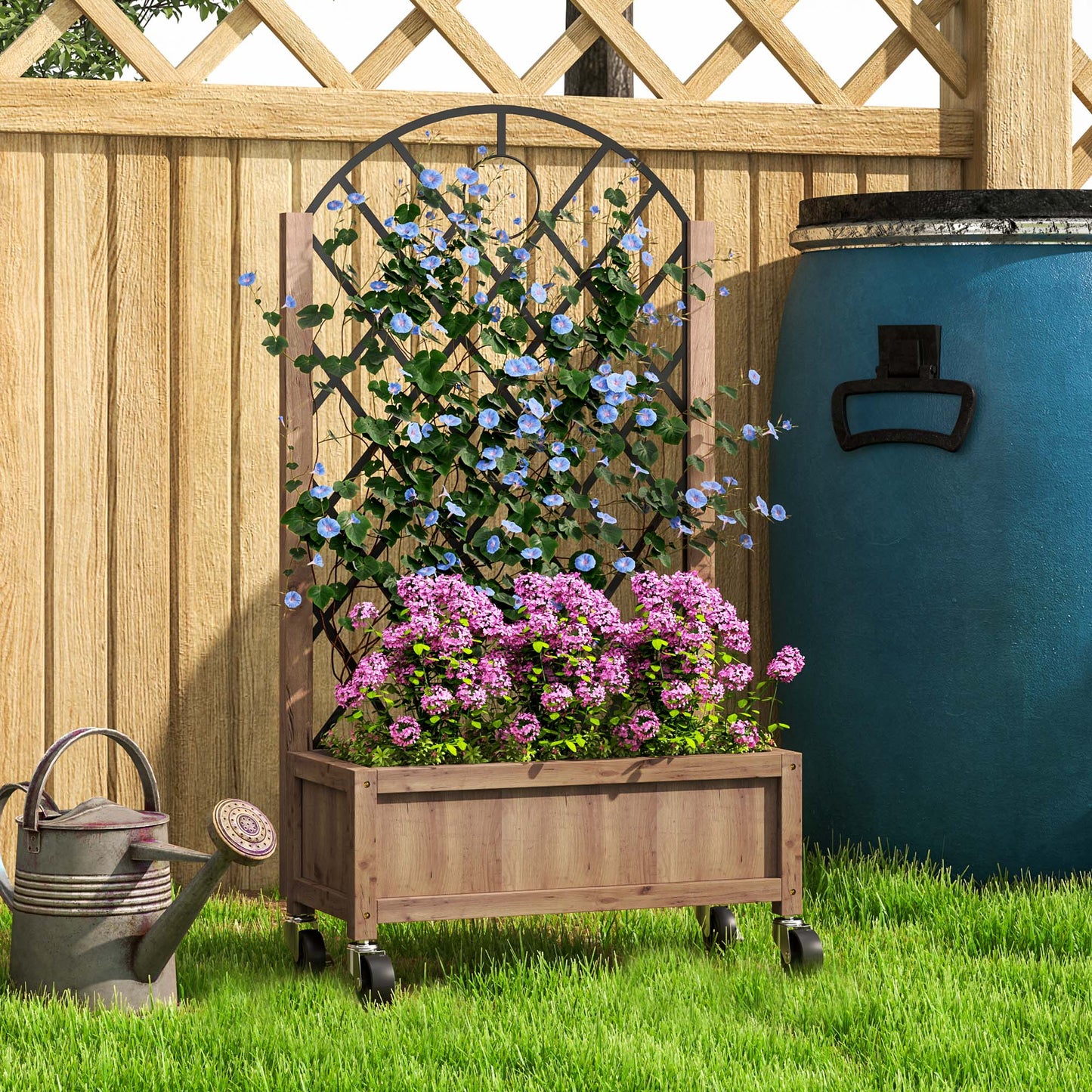 Wooden Raised Bed, Outdoor Planter Box w/ Metal Trellis