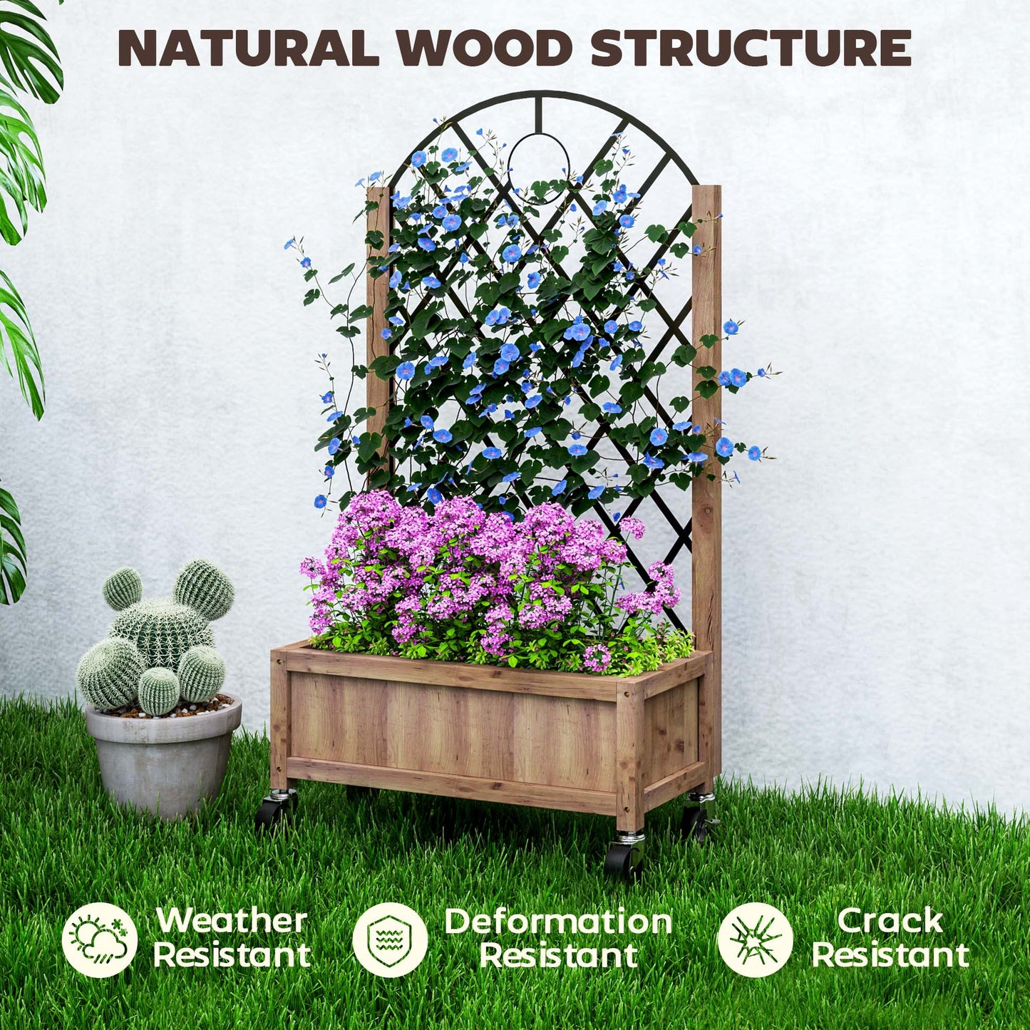 Wooden Raised Bed, Outdoor Planter Box w/ Metal Trellis