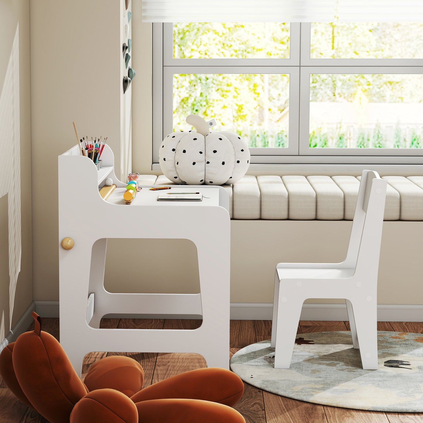 Kids Desk and Chair Set, Art Table and Chair Set for children with Hutch & Drawers, Gift for Aged 3-8, Student Study Writing Table for Home School Bedroom Playroom