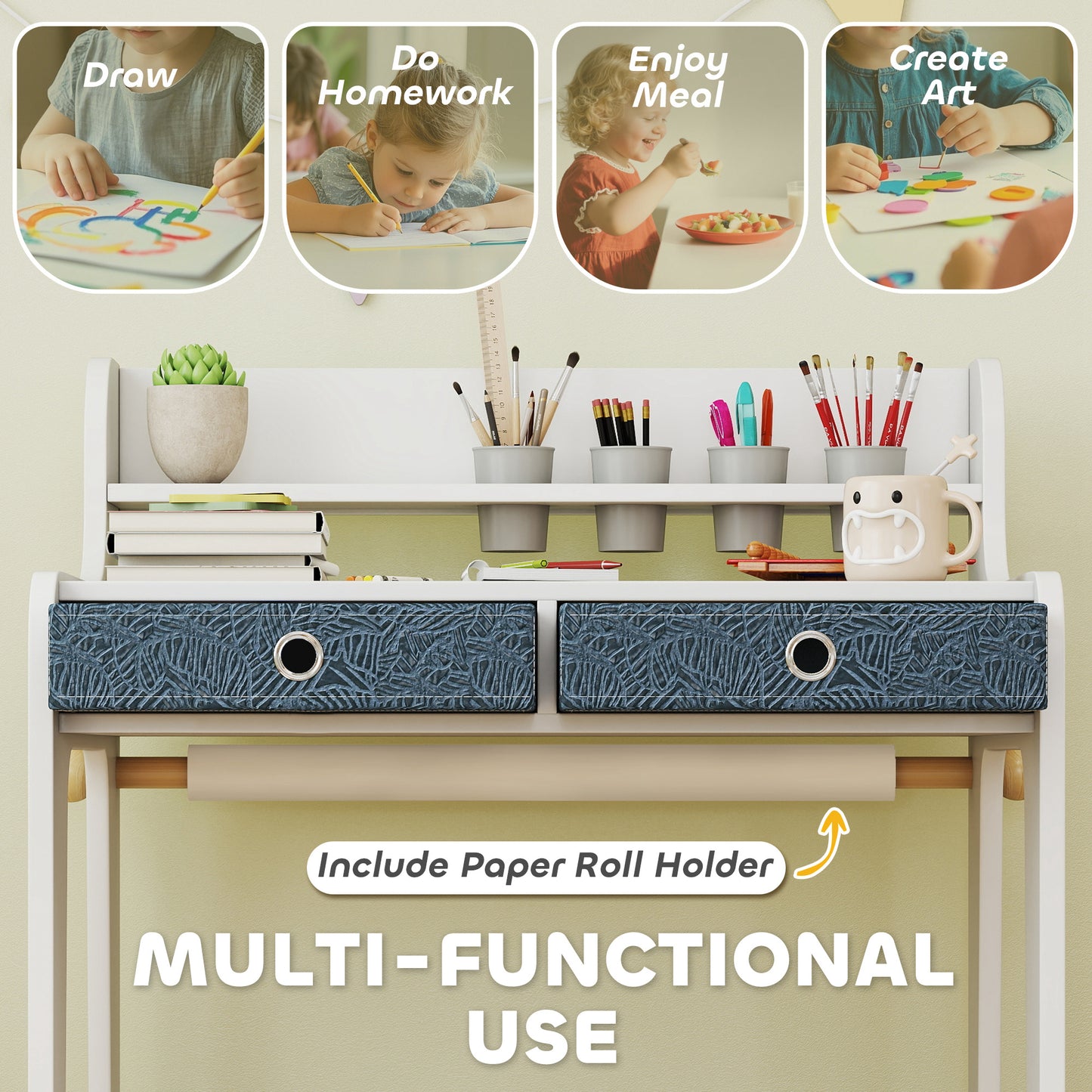 Kids Desk and Chair Set, Art Table and Chair Set for children with Hutch & Drawers, Gift for Aged 3-8, Student Study Writing Table for Home School Bedroom Playroom