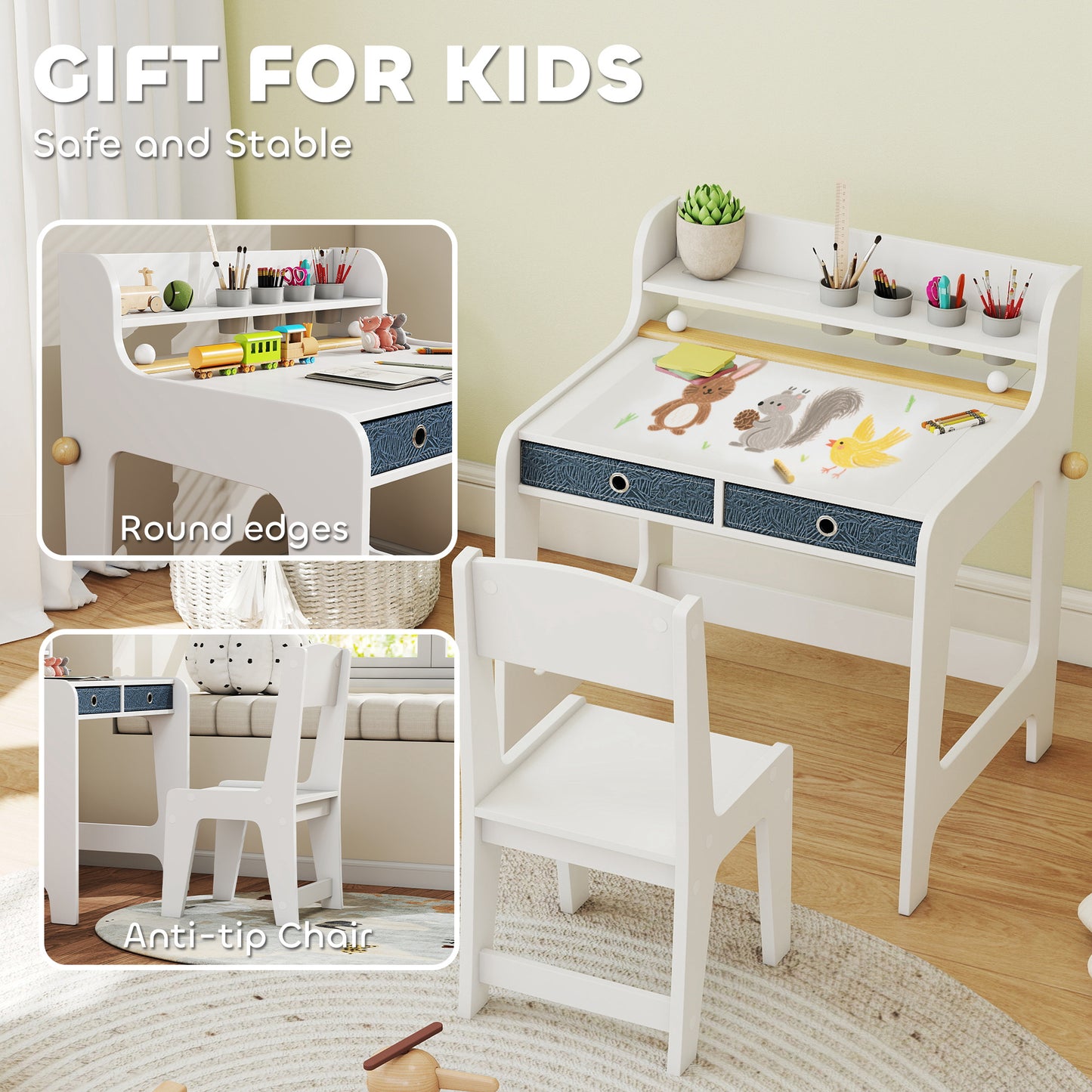 Kids Desk and Chair Set, Art Table and Chair Set for children with Hutch & Drawers, Gift for Aged 3-8, Student Study Writing Table for Home School Bedroom Playroom