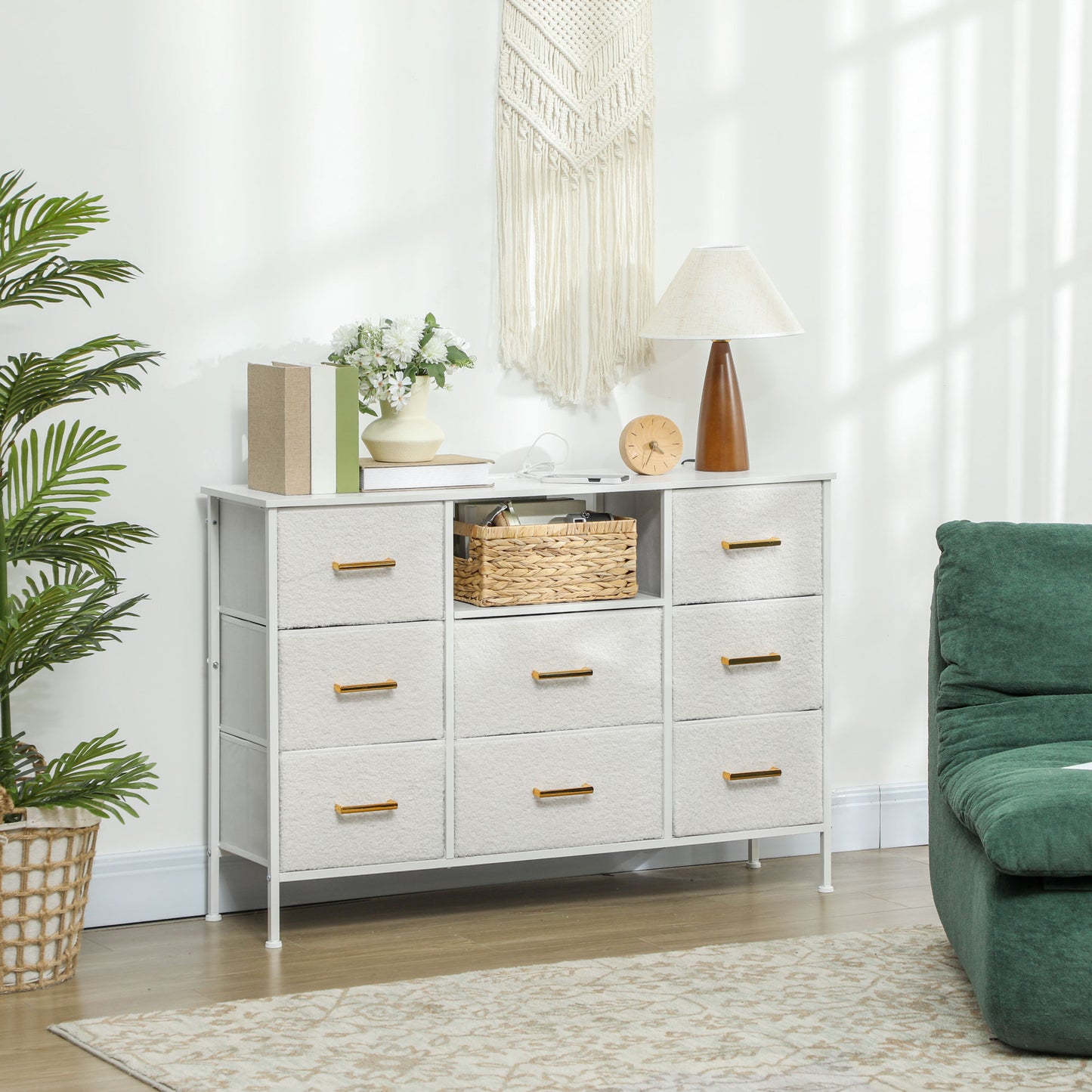 Boucle Chest of Drawers, 2 USB & 2 AC Ports, 8 Drawers Dresser