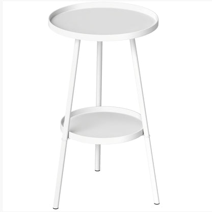 Round Garden Table, 2-Tier Metal Patio Table Coffee Table, White