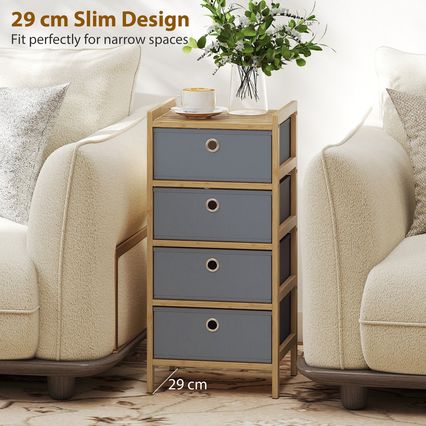 Chest of Drawers, 4 Drawers Dresser with Bamboo Frame, Light Grey