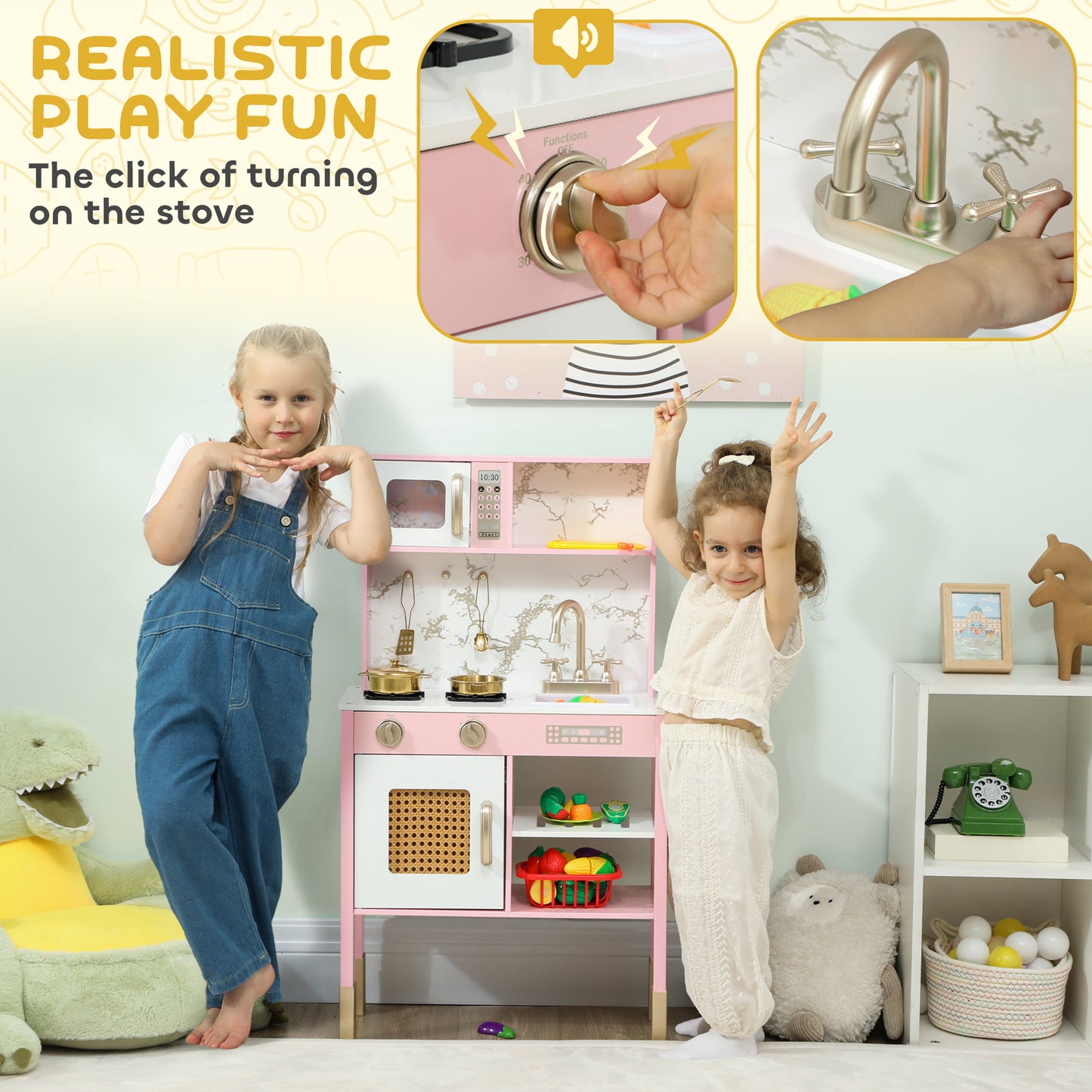 Kids Play Kitchen with Pretend Play Cooking Accessories, Kitchen Playset with Realistic Oven, Microwave, Sink and Cutting Vegetable Toys for Toddlers Ages 3-6 Years, Pink