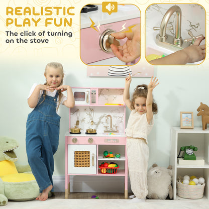 Kids Play Kitchen with Pretend Play Cooking Accessories, Kitchen Playset with Realistic Oven, Microwave, Sink and Cutting Vegetable Toys for Toddlers Ages 3-6 Years, Pink