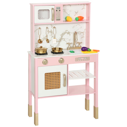 Kids Play Kitchen with Pretend Play Cooking Accessories, Kitchen Playset with Realistic Oven, Microwave, Sink and Cutting Vegetable Toys for Toddlers Ages 3-6 Years, Pink