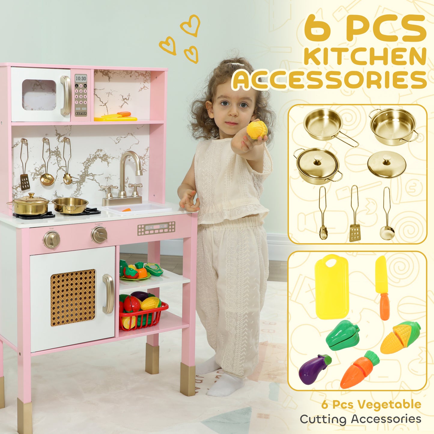 Kids Play Kitchen with Pretend Play Cooking Accessories, Kitchen Playset with Realistic Oven, Microwave, Sink and Cutting Vegetable Toys for Toddlers Ages 3-6 Years, Pink