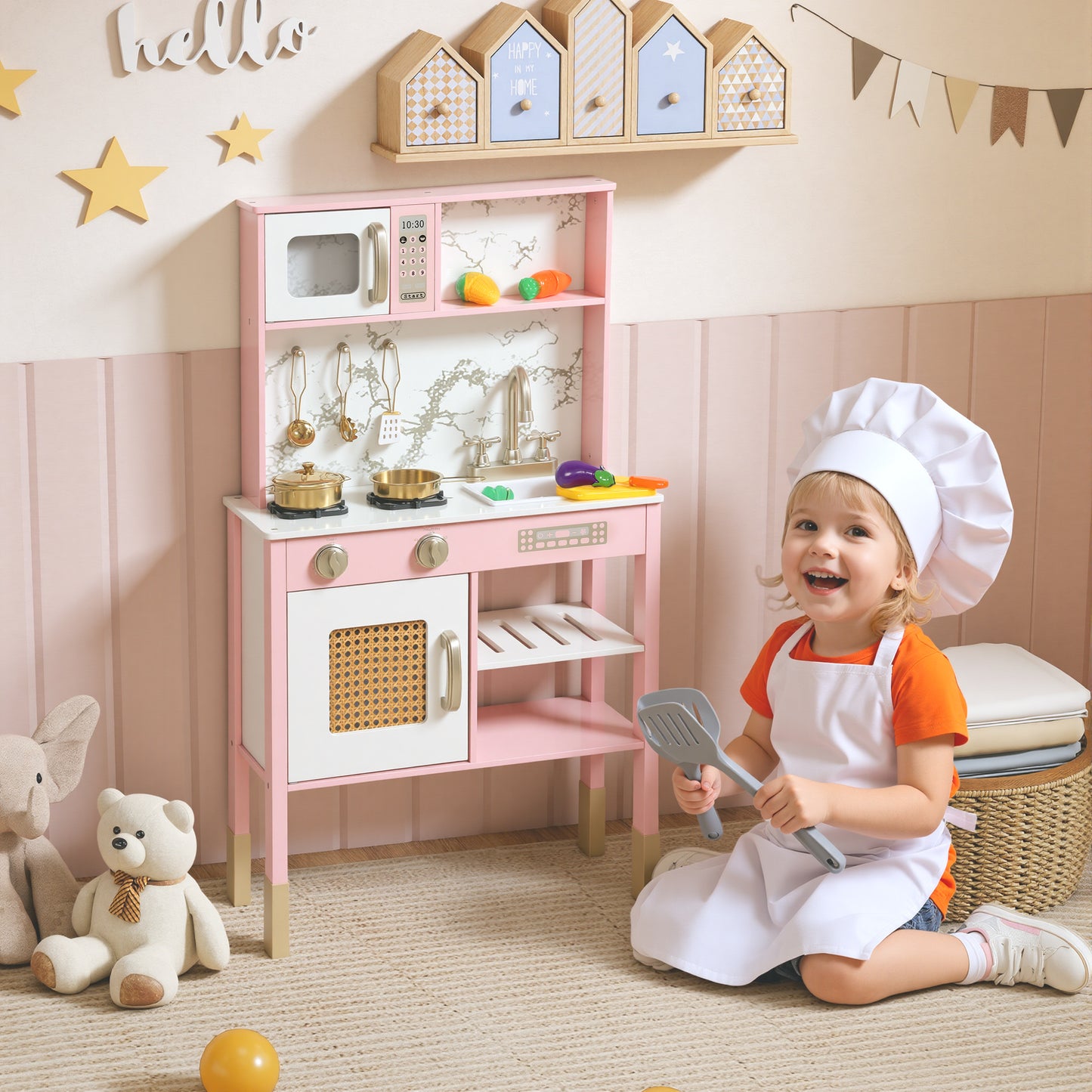 Kids Play Kitchen with Pretend Play Cooking Accessories, Kitchen Playset with Realistic Oven, Microwave, Sink and Cutting Vegetable Toys for Toddlers Ages 3-6 Years, Pink