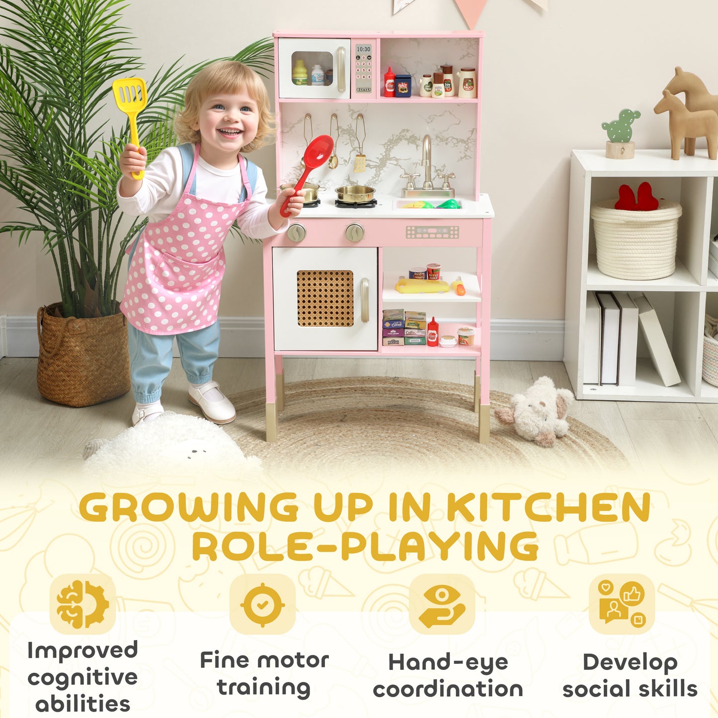 Kids Play Kitchen with Pretend Play Cooking Accessories, Kitchen Playset with Realistic Oven, Microwave, Sink and Cutting Vegetable Toys for Toddlers Ages 3-6 Years, Pink
