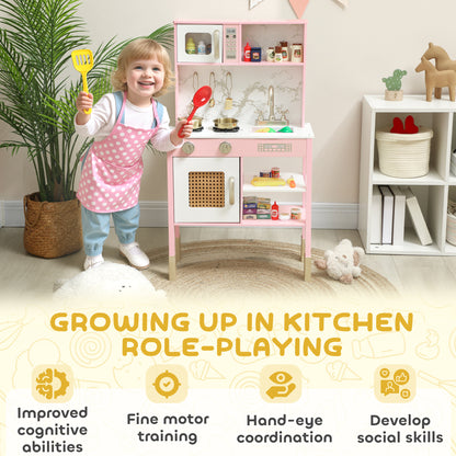 Kids Play Kitchen with Pretend Play Cooking Accessories, Kitchen Playset with Realistic Oven, Microwave, Sink and Cutting Vegetable Toys for Toddlers Ages 3-6 Years, Pink